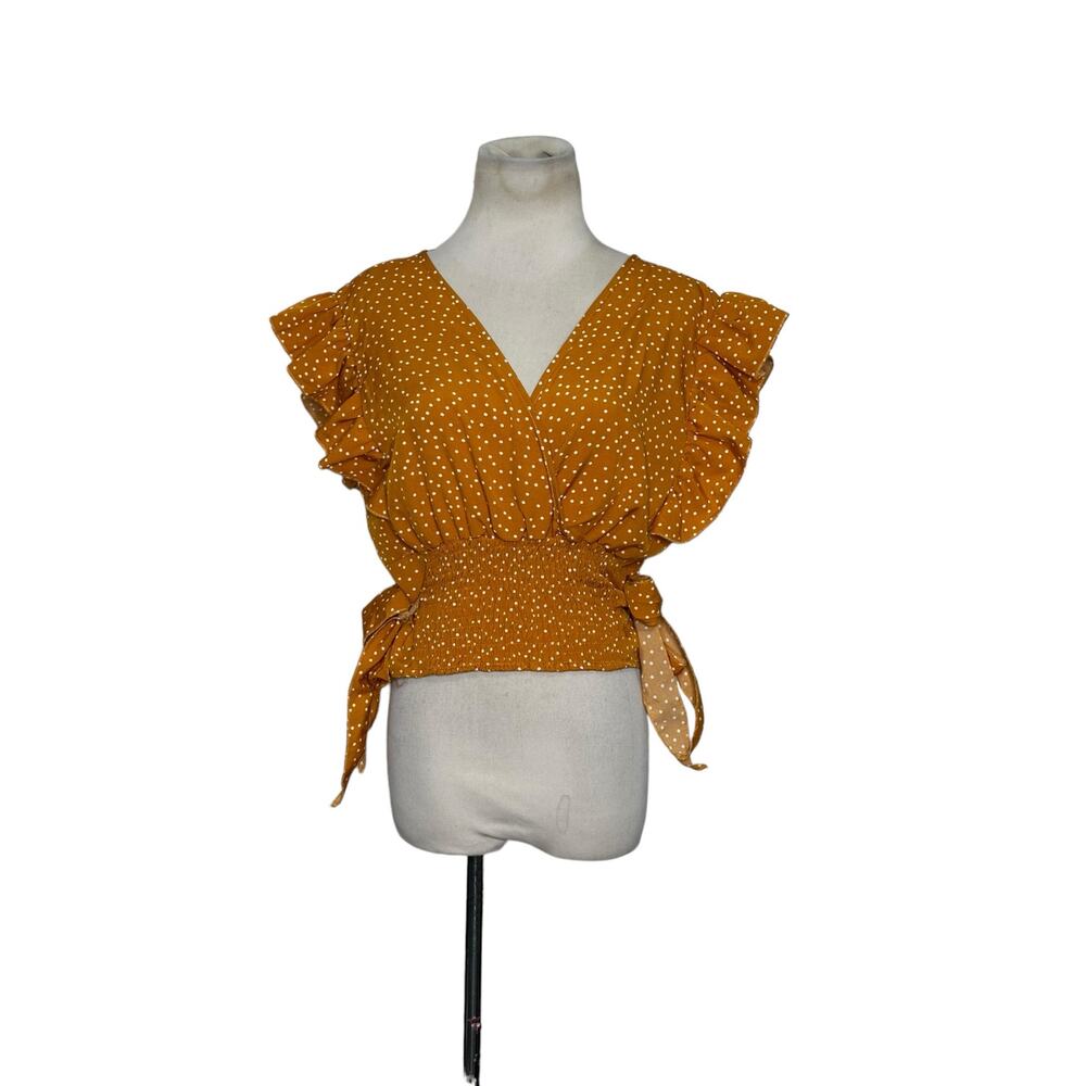 Lyaner mustard yellow white polka dots ruffled short sleeves crop blouse size M